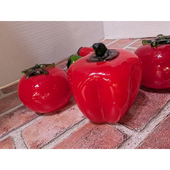 6 Vintage Glass Vegetables Murano Style Art Deco Red Peppers Chili Tomato Lot - Picture 2 of 5
